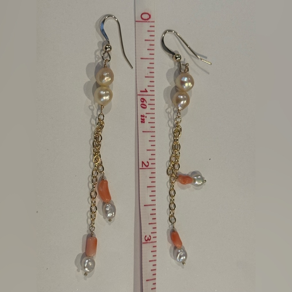 Gold Akoya pearls, coral Dangle Earrings with Keshi  Accents